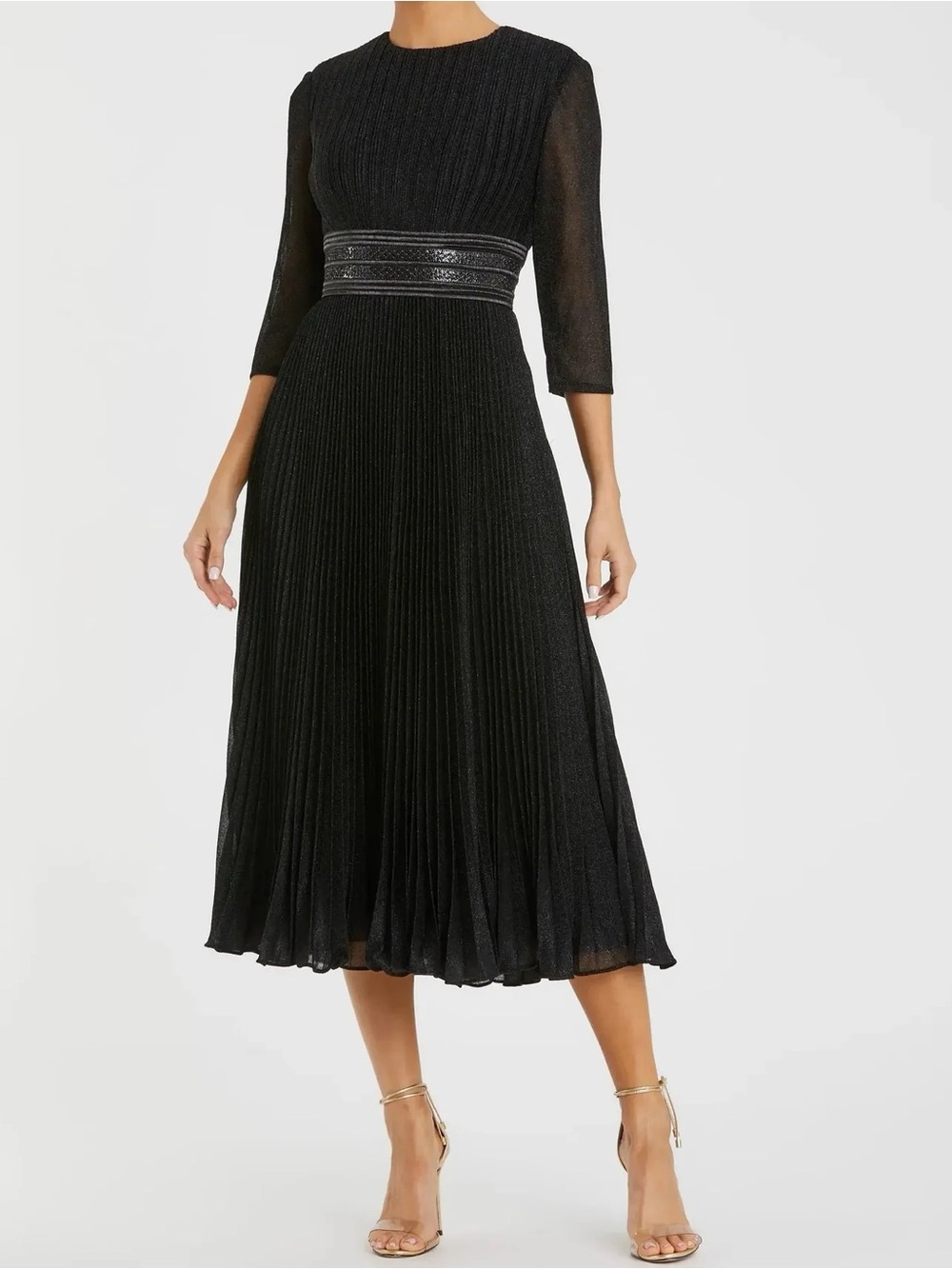 Mac Duggal 30750 Black Shimmering Pleated 3/4 Sleeve A-Line Midi Dress Size 12